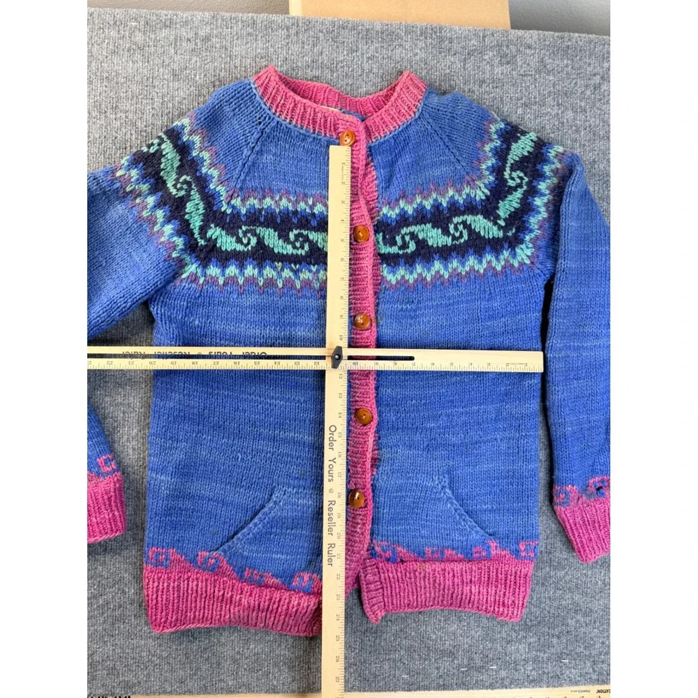 Vintage Hand Knit Wool Cardigan Sweater Blue Pink Fair Isle Heavyweight Boho M
